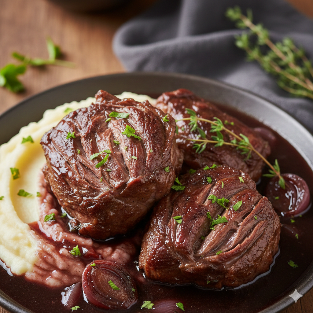 Oksekjaker i rødvinssaus
