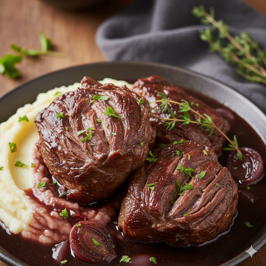 Oksekjaker i rødvinssaus