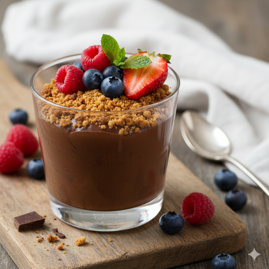 Sjokolademousse med crumble og friske bær